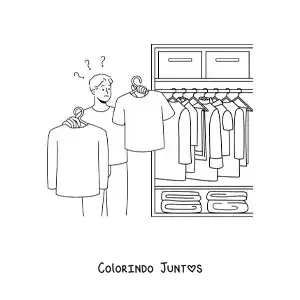 Desenho para colorir de um homem escolhendo uma camisa do guarda-roupa