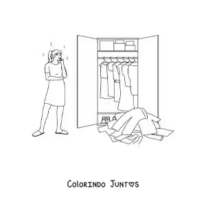Desenho para colorir de uma menina escolhendo o que vestir no armário