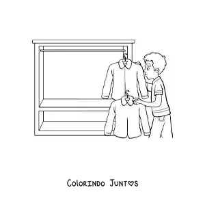 Desenho para colorir de um menino tirando camisas do armário