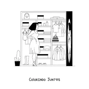 Desenho para colorir de uma menina escolhendo a roupa para sair