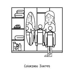 Desenho para colorir de um desenho de uma mulher escolhendo a roupa no armário