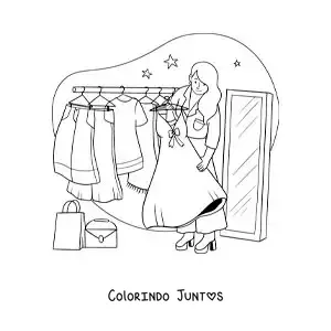 Desenho para colorir de uma menina escolhendo um vestido e uma bolsa no armário