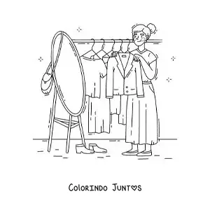 Desenho para colorir de uma menina experimentando um casaco em frente ao espelho