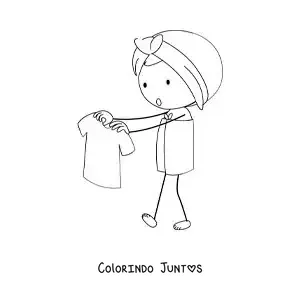 Desenho para colorir de uma menina enrolada em toalhas segurando uma camisa em um cabide