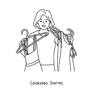 Desenho para colorir de uma mulher segurando vários cabides com vestidos do armário