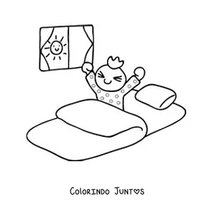 Desenho para colorir de um menino acordando no quarto pela manhã