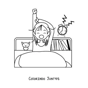 Desenho para colorir de uma menina acordando no quarto com um despertador