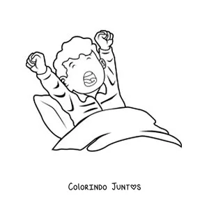 Desenho para colorir de um menino bocejando na cama ao acordar