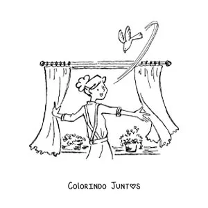 Desenho para colorir de uma menina abrindo a janela pela manhã