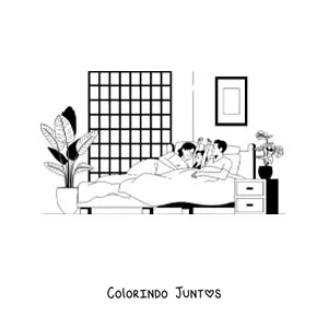 Desenho para colorir de uma menina acordando ao lado dos pais pela manhã