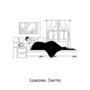 Desenho para colorir de um menino acordando no quarto com um despertador