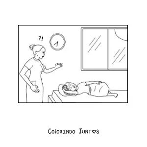 Desenho para colorir de uma mãe irritada acordando o filho cedo