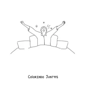 Desenho para colorir de um menino se espreguiçando na cama ao acordar