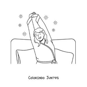 Desenho para colorir de uma menina se espreguiçando na cama ao acordar