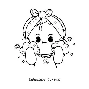 Desenho para colorir de uma menina kawaii lavando o rosto ao acordar de manhã