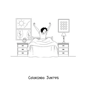 Desenho para colorir de um menino acordando no quarto com um despertador
