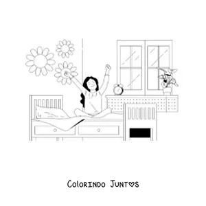 Desenho para colorir de uma menina saindo da cama com um despertador