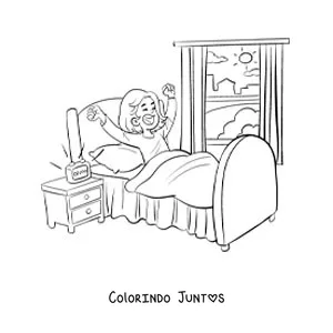 Desenho para colorir de uma menina animada acordando no quarto com um despertador
