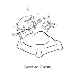 Desenho para colorir de uma menina animada acordando na cama com um despertador