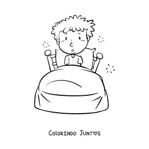 Desenho para colorir de um menino animado acordando na cama