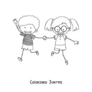 Desenho para colorir de um menino e uma menina de mãos dadas correndo
