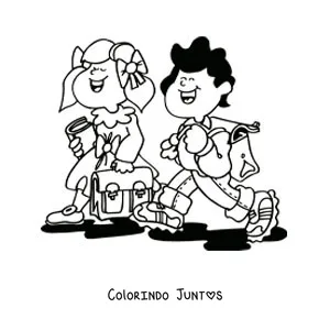 Desenho para colorir de duas crianças a caminho da escola