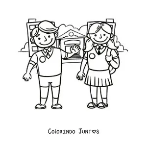 Desenho para colorir de duas crianças animadas de uniforme em frente à escola