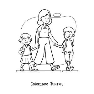 Desenho para colorir de uma mãe animada levando os filhos à escola