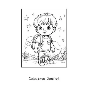 Desenho para colorir de um menino com a mochila a caminho da escola
