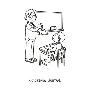 Desenho para colorir de um menino na carteira com o professor explicando no quadro
