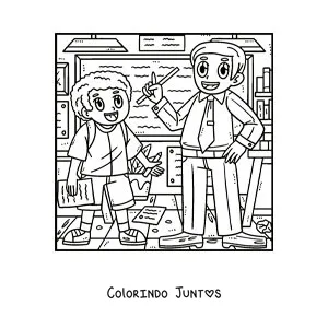 Desenho para colorir de um menino na sala de aula com o professor explicando