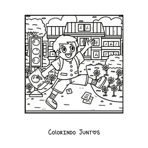 Desenho para colorir de um menino animado de uniforme indo à escola