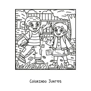 Desenho para colorir de duas crianças animadas caminhando para a escola