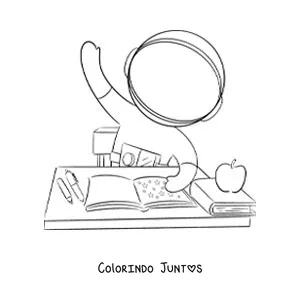 Desenho para colorir de um astronauta animado na escola levantando a mão