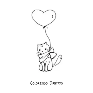 Desenho para colorir de um gato kawaii sentado com um cachecol e um balão em formato de coração