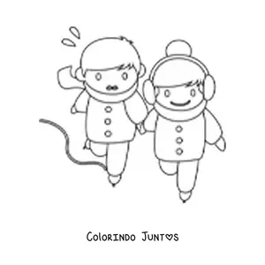 Desenho para colorir de um menino e uma menina patinando no gelo