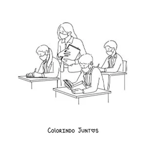 Desenho para colorir de crianças de máscara na sala de aula com a professora