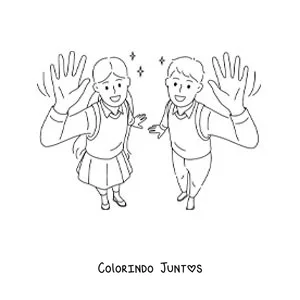 Desenho para colorir de uma menina e um menino de uniforme acenando