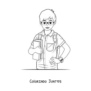 Desenho para colorir de um menino de uniforme com livros