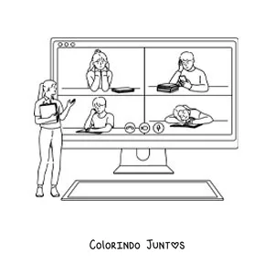 Desenho para colorir de uma tela de computador com crianças estudando em videochamada e a professora explicando