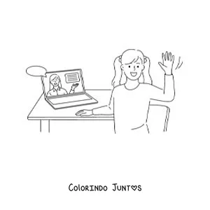 Desenho para colorir de uma menina com o notebook em uma aula online