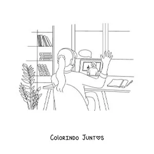 Desenho para colorir de uma menina com fones de ouvido participando de uma aula online