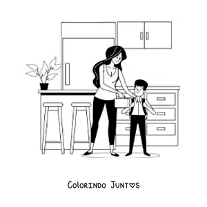 Desenho para colorir de uma mãe entregando uma lancheira com o café da manhã ao filho antes de ir à escola