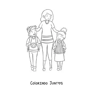 Desenho para colorir de uma mãe caminhando com a filha e o filho até a escola