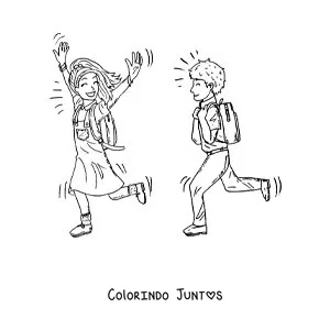 Desenho para colorir de duas crianças correndo para a escola
