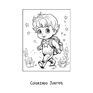 Desenho para colorir de um menino kawaii com a mochila pronto para ir à escola