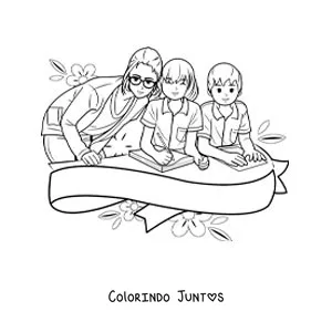 Desenho para colorir de duas crianças na escola com a professora