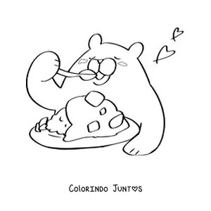 Desenho para colorir de um urso animado comendo em um prato