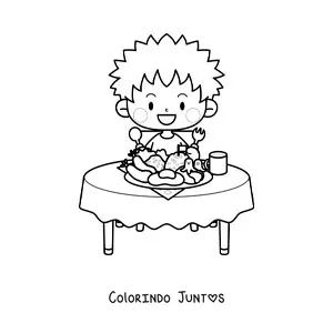 Desenho para colorir de um menino animado sentado à mesa com um prato de comida