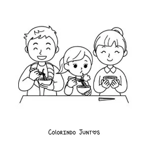 Desenho para colorir de uma família sentada à mesa comendo